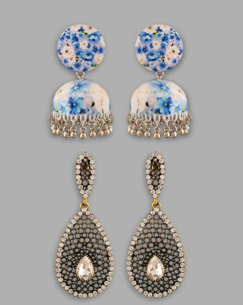VOJ Set Of 2 Earrings- Blue Printed Jhumka With Black AD Studded Drop Earrings - Swadesiicart
