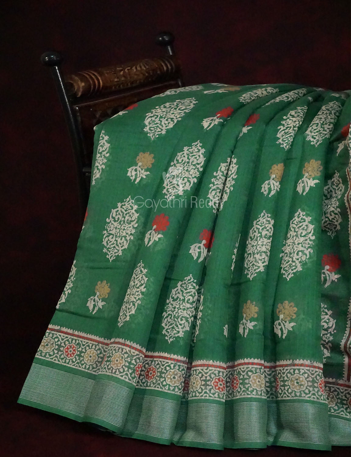 Green Colored Motif Prints Semi Chanderi Saree By Gayathri Reddy Designer Studio | Swadesiicart