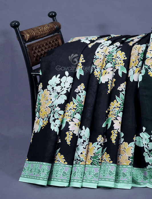 Black Colour Block Print Pure Mulmul Cotton Saree By Gayathri Reddy Designer Studio | Swadesiicart