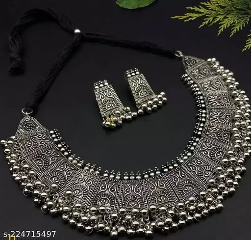 Tehzeeb Creations Women's German Silver Oxidised Necklace And Earrings - Swadesiicart