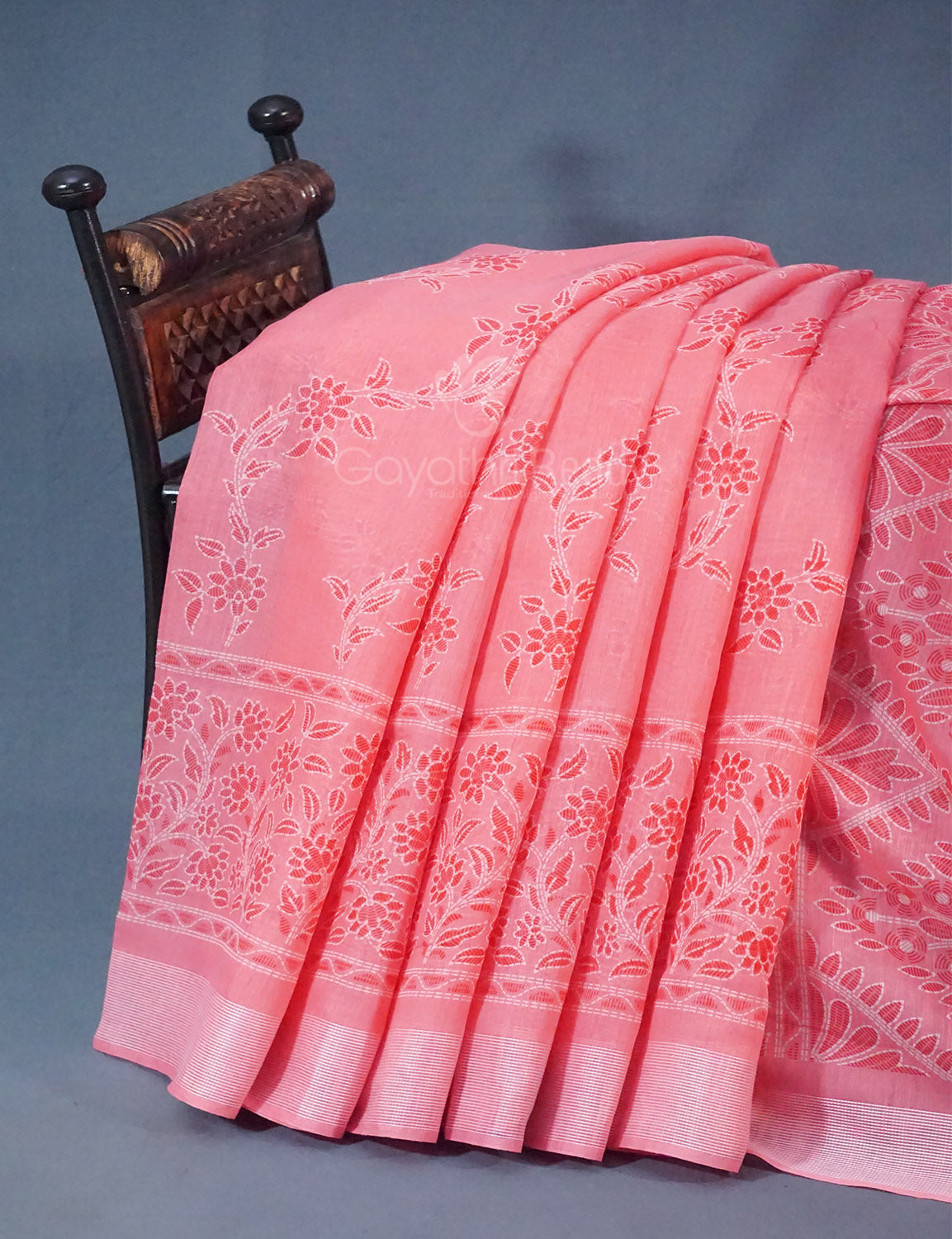 Shades of Light Peach Colour Floral Print Semi Chanderi Saree By Gayathri Reddy Designer Studio | Swadesiicart