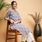 InWeave Women's Blue Pink Print Angrakha Style Straight Kurta Pant Set - Swadesiicart