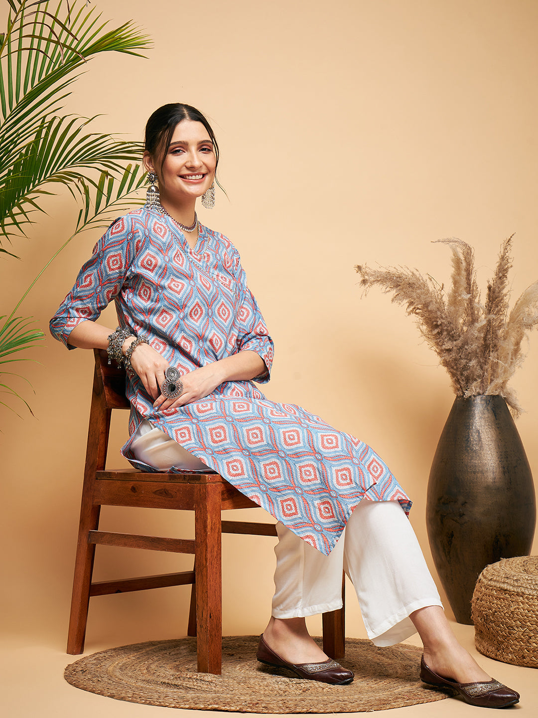 InWeave Women's Blue Pink Print Angrakha Style Straight Kurta Pant Set - Swadesiicart