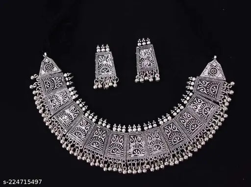Tehzeeb Creations Women's German Silver Oxidised Necklace And Earrings - Swadesiicart