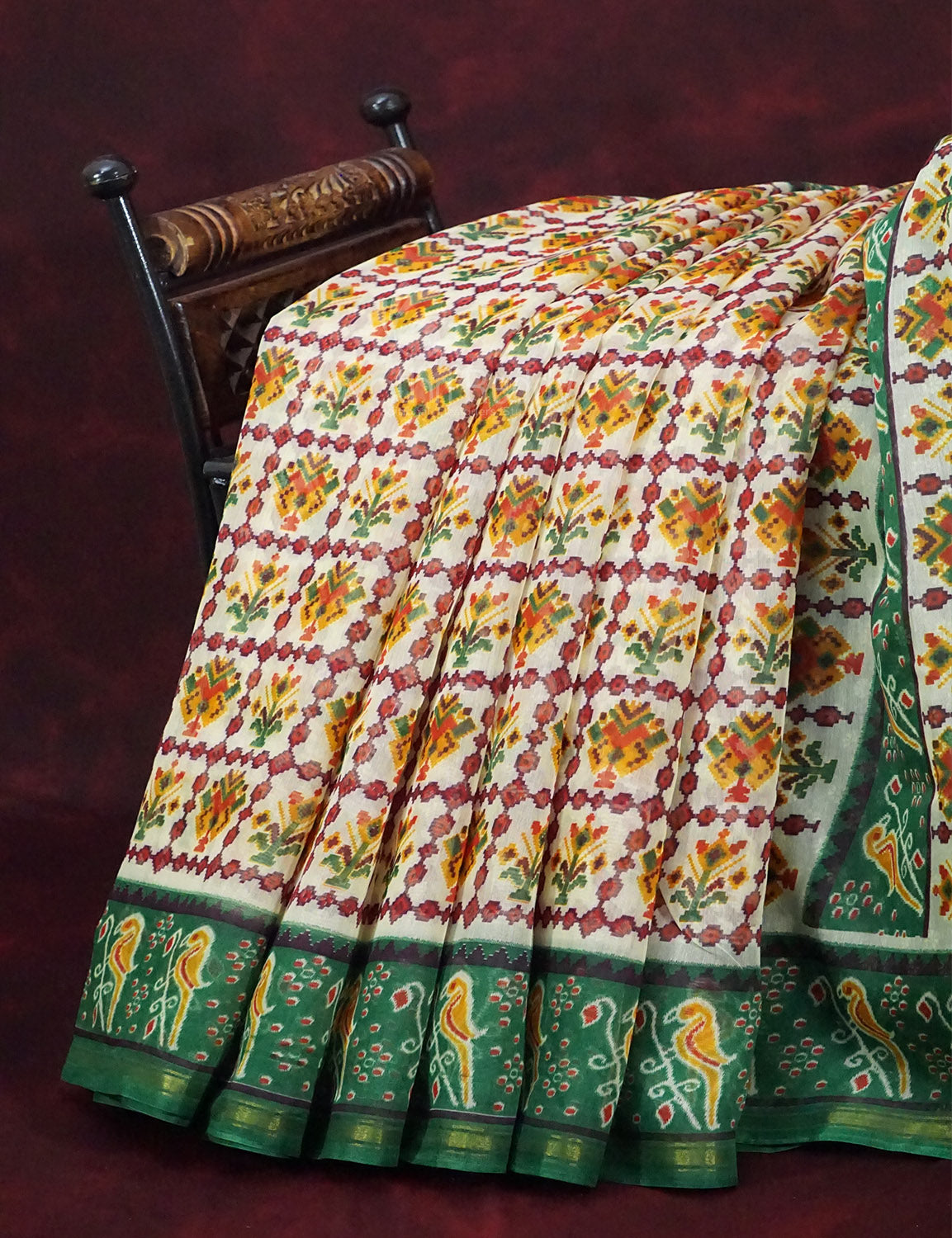 Shades of Off White And Mango Green Colour Patan Patola Semi Chanderi Saree By Gayathri Reddy Designer Studio | Swadesiicart