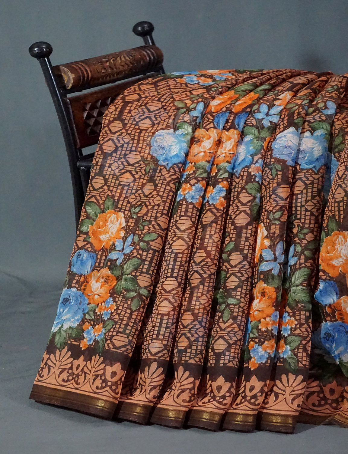 Shades of Dark Dry Mehendi Colour Floral Design Semi Chanderi Saree By Gayathri Reddy Designer Studio | Swadesiicart