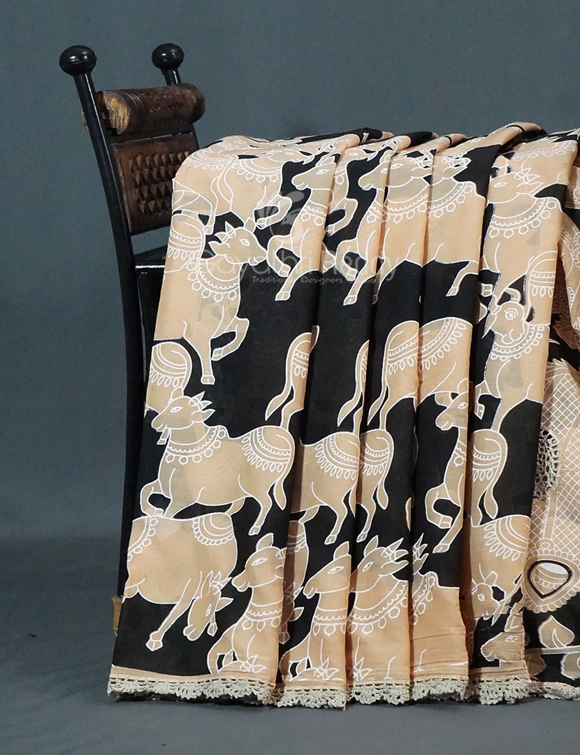 Black And Beige Combo Colour Pichwai Print Crocia Mulmul Cotton Saree By Gayathri Reddy Designer Studio | Swadesiicart