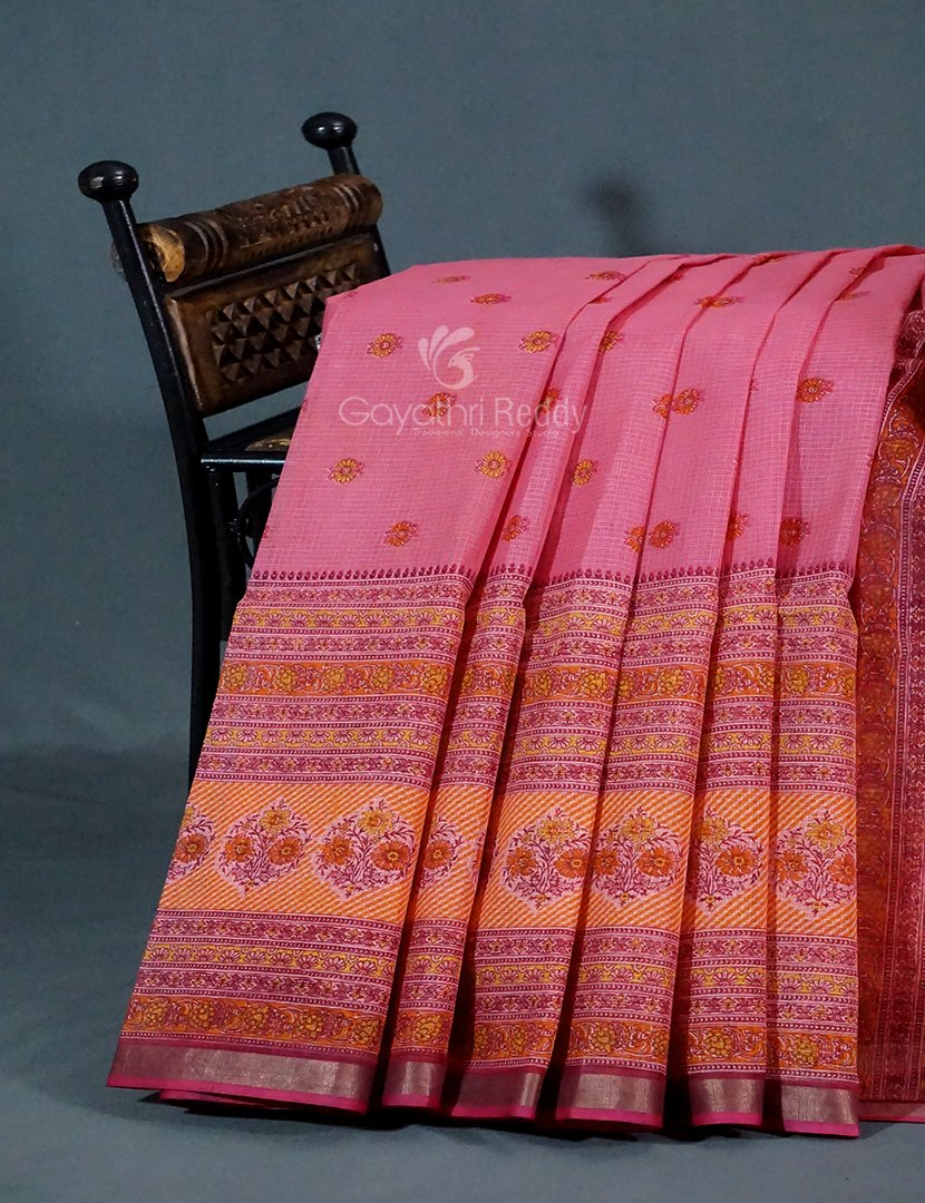 Light Pink And Rose Pink Colour Block Print Pure Kota Cotton Saree By Gayathri Reddy Designer Studio | Swadesiicart