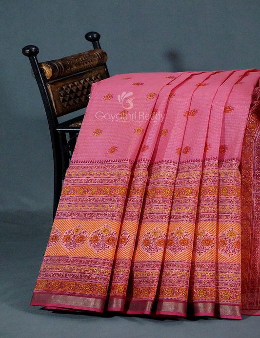 Light Pink And Rose Pink Colour Block Print Pure Kota Cotton Saree By Gayathri Reddy Designer Studio | Swadesiicart
