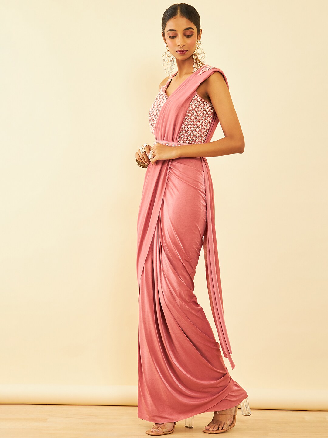 Soch Pink Beads and Stones Embellished Ready to Wear Saree | Swadesiicart