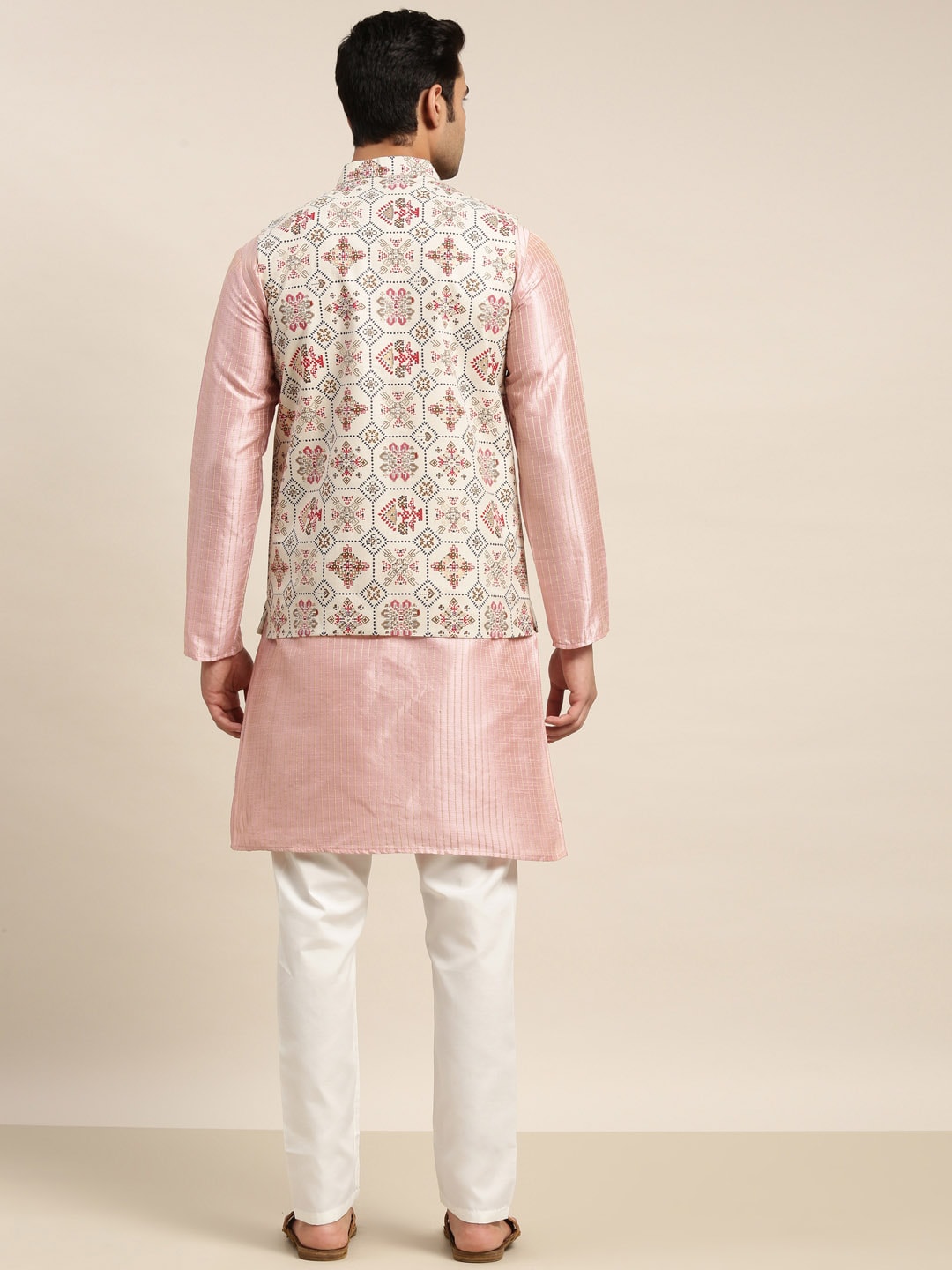 Sojanya Men Pink Solid Kurta & Churidar Comes With a Nehru Jacket | Swadesiicart