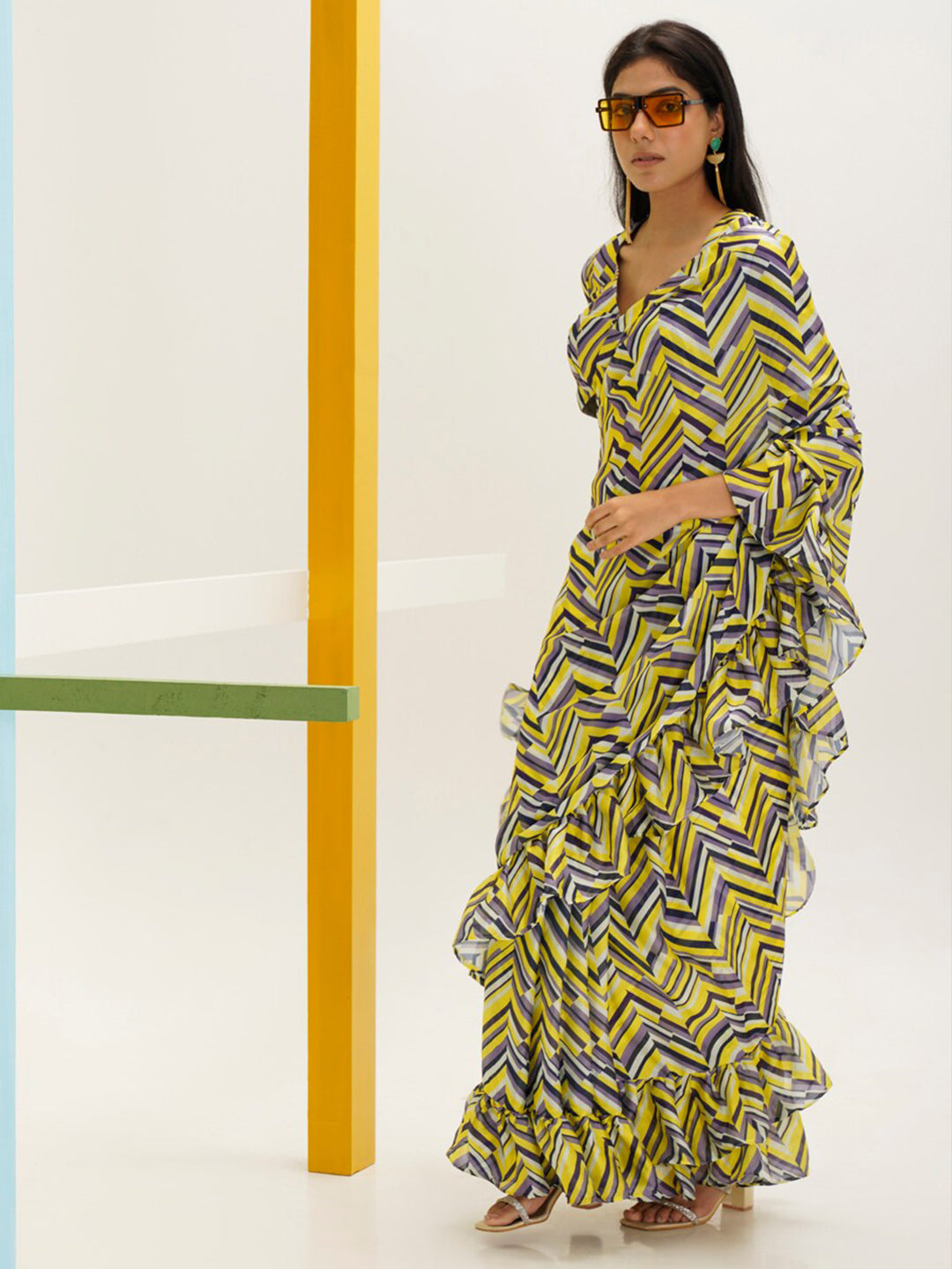 Tikhi Imli Geometric Digital Printed Ruffled Ready to Wear Saree | Swadesiicart
