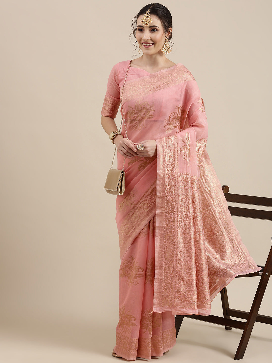 Saree Mall Pink Floral Linen Blend Banarasi Saree | Swadesiicart