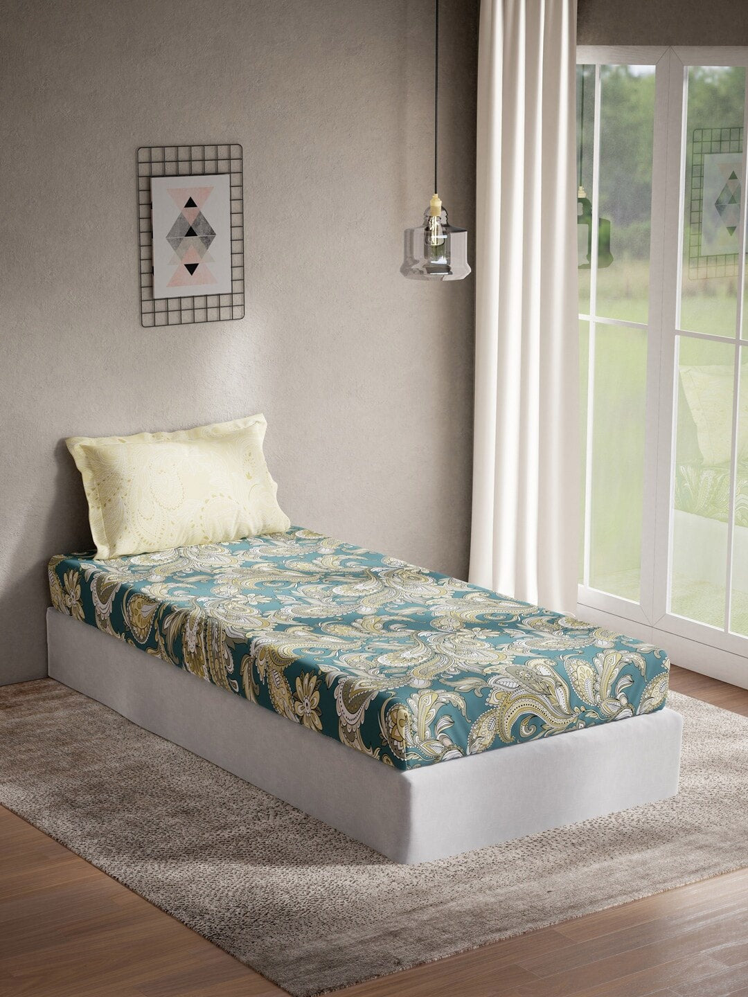 DDecor Green & Yellow Ethnic Motifs 144 TC Cotton Single Bedsheet with 1 Pillow Cover - Swadesiicart