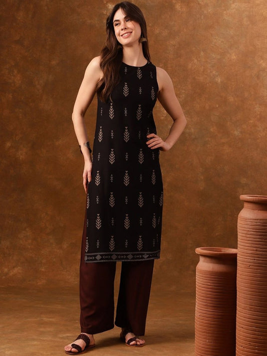Anouk Black Ethnic Motifs Printed Sleeveless Straight Kurta - Swadesiicart