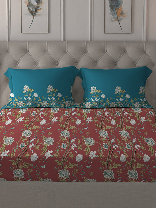 MYTRIDENT Maroon White Floral Pure Cotton 144 TC Queen Bedsheet With 2 Pillow Covers - Swadesiicart