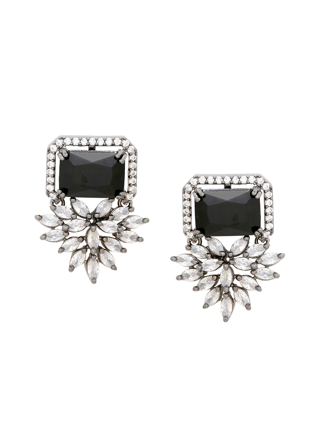 Shoshaa Silver-Plated & Black CZ Studded Contemporary Drop Earrings | Swadesiicart