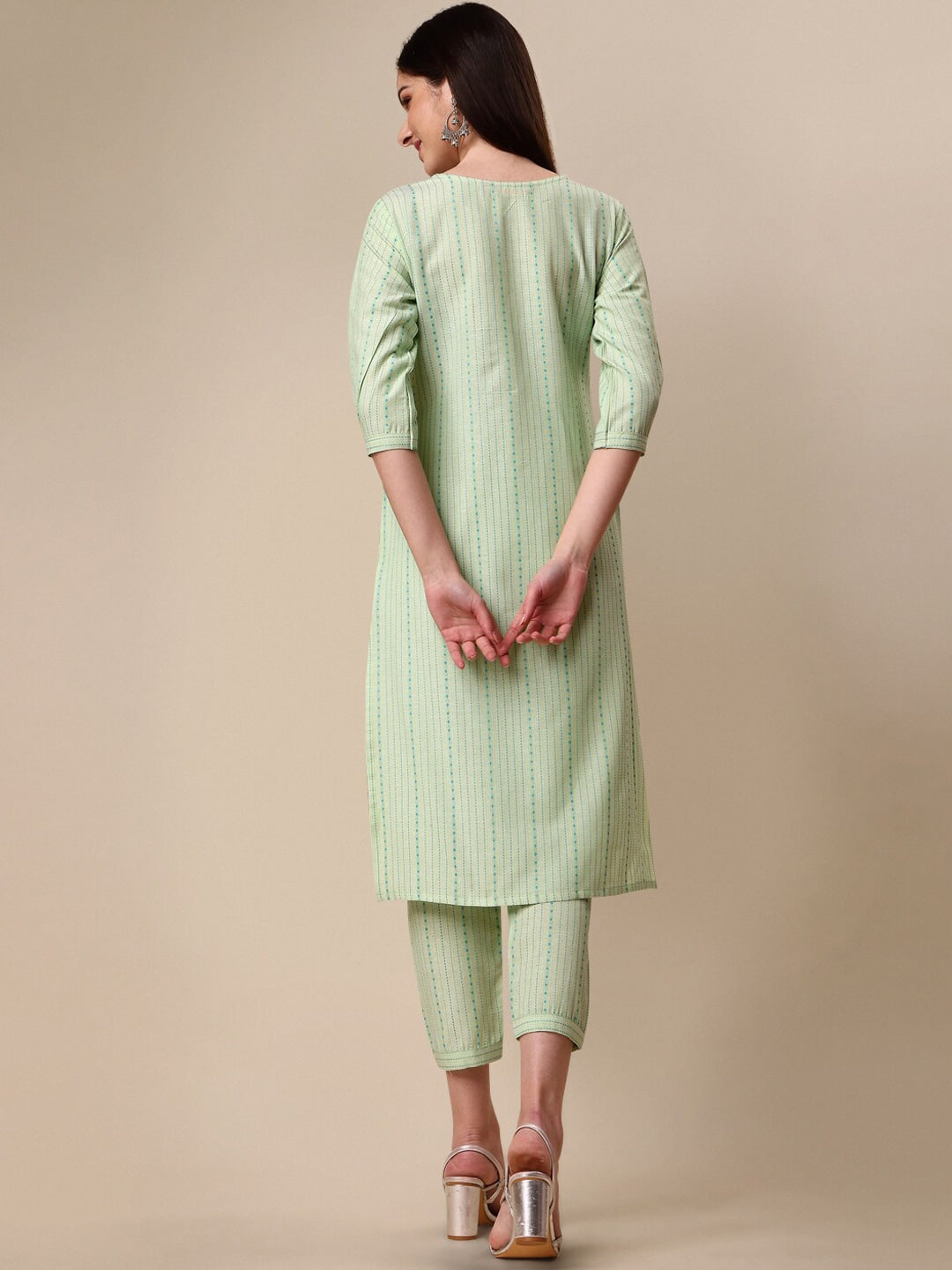 Kalini Striped Puff Sleeves Kurta with Trousers - Swadesiicart