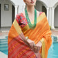 Vishnu Weaves Women's Mustard Raw Silk Patola Zari Woven Saree with Blouse - Swadesiicart