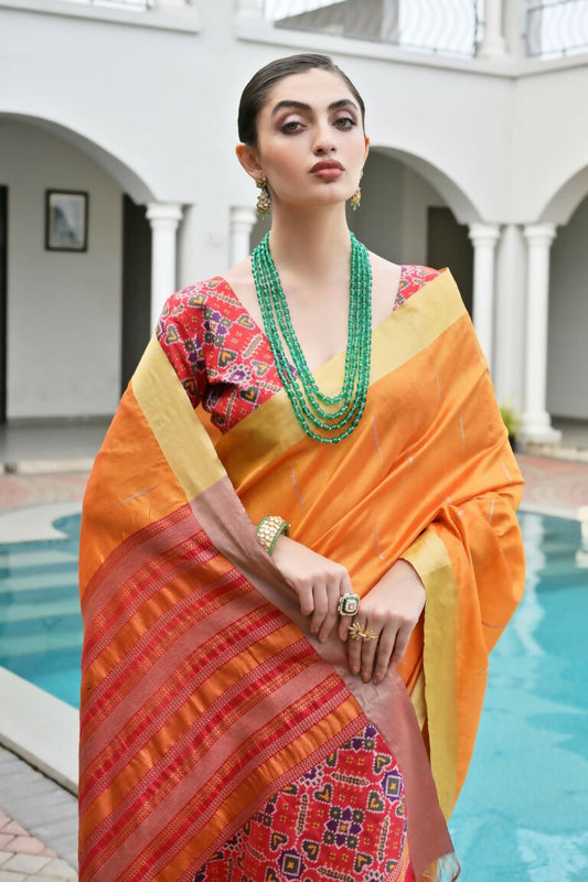 Vishnu Weaves Women's Mustard Raw Silk Patola Zari Woven Saree with Blouse - Swadesiicart