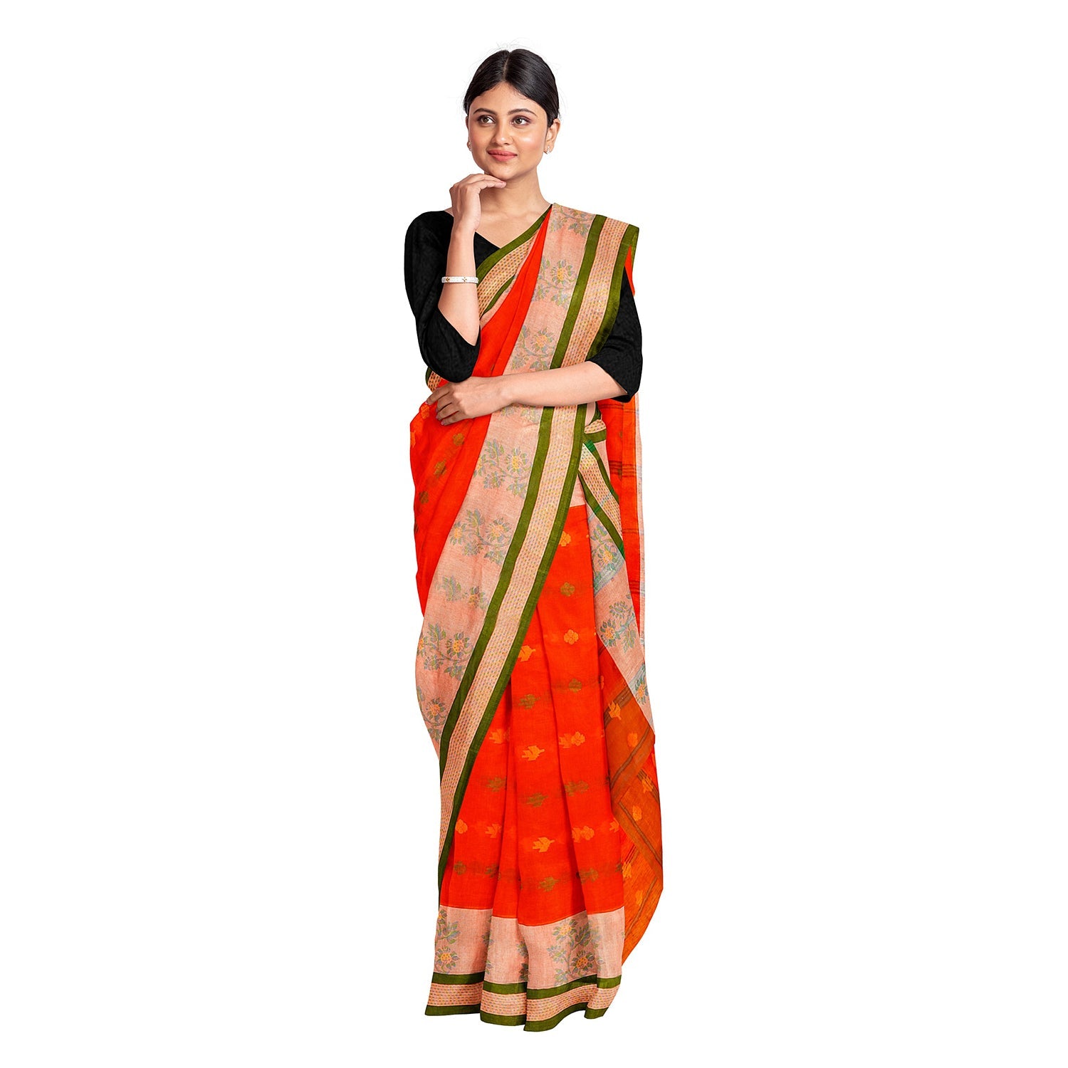 Exclusive Collection 100% Pure Cotton Tomato Red Tant Saree With Hand Weaving Work - Swadesiicart