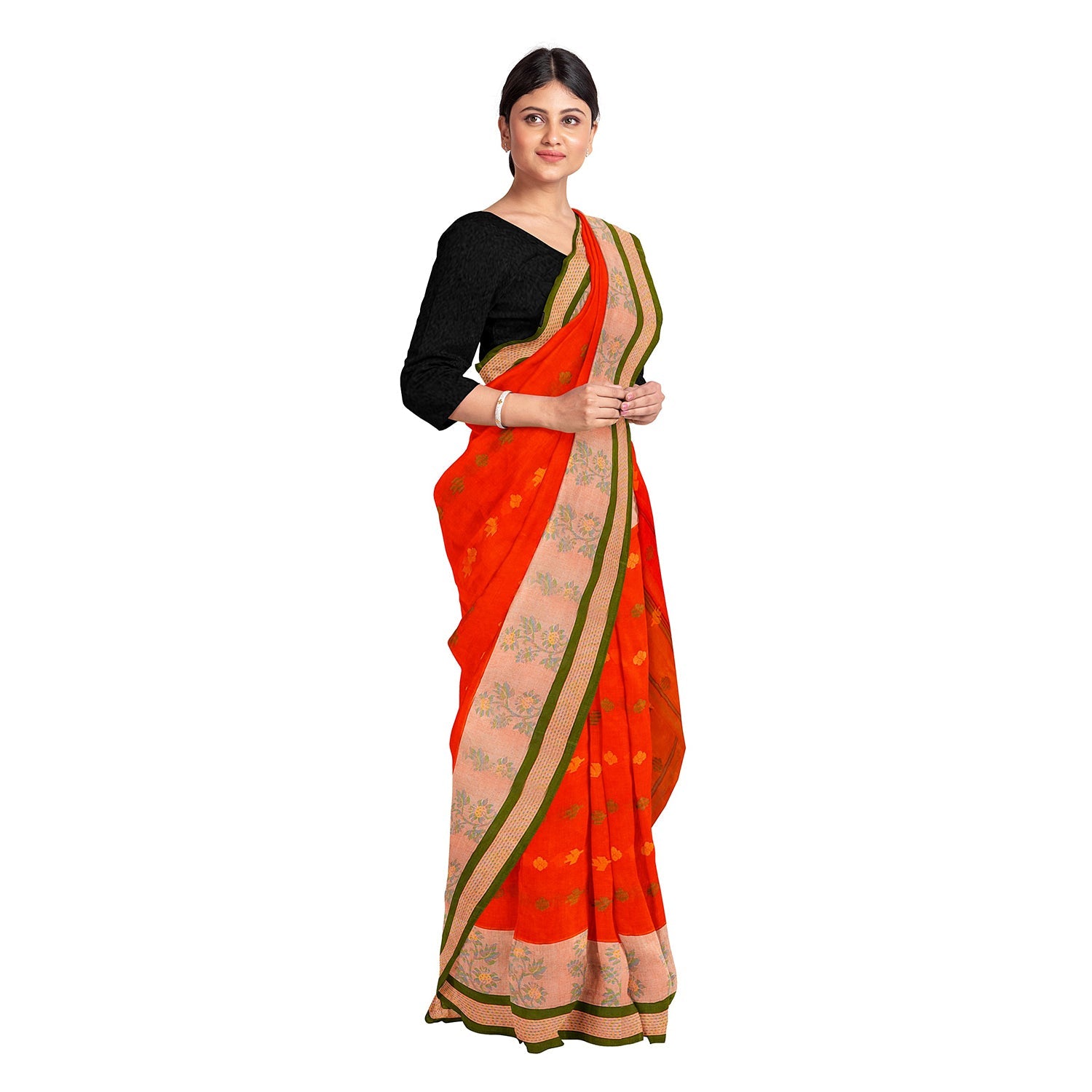 Exclusive Collection 100% Pure Cotton Tomato Red Tant Saree With Hand Weaving Work - Swadesiicart