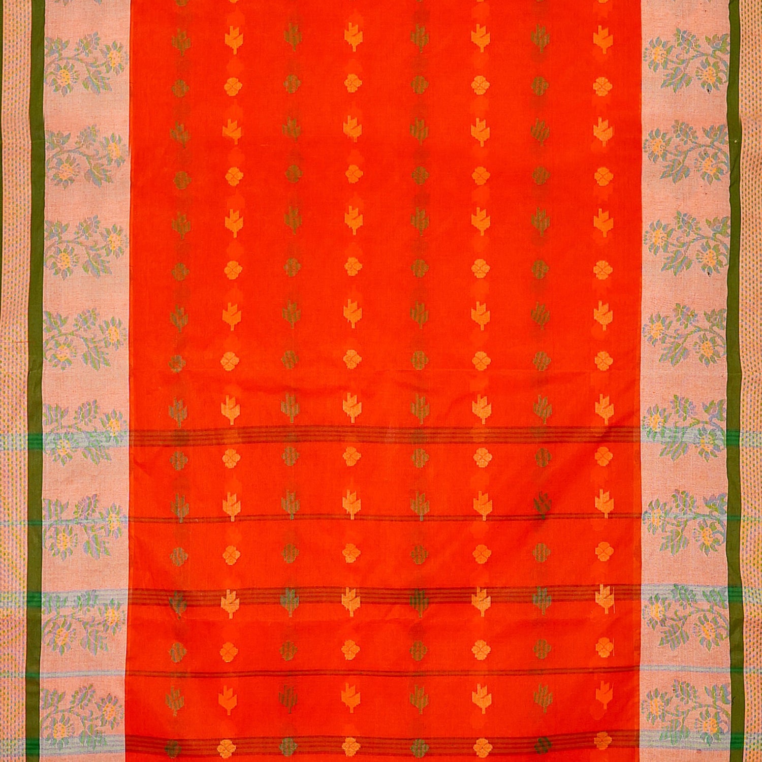 Exclusive Collection 100% Pure Cotton Tomato Red Tant Saree With Hand Weaving Work - Swadesiicart
