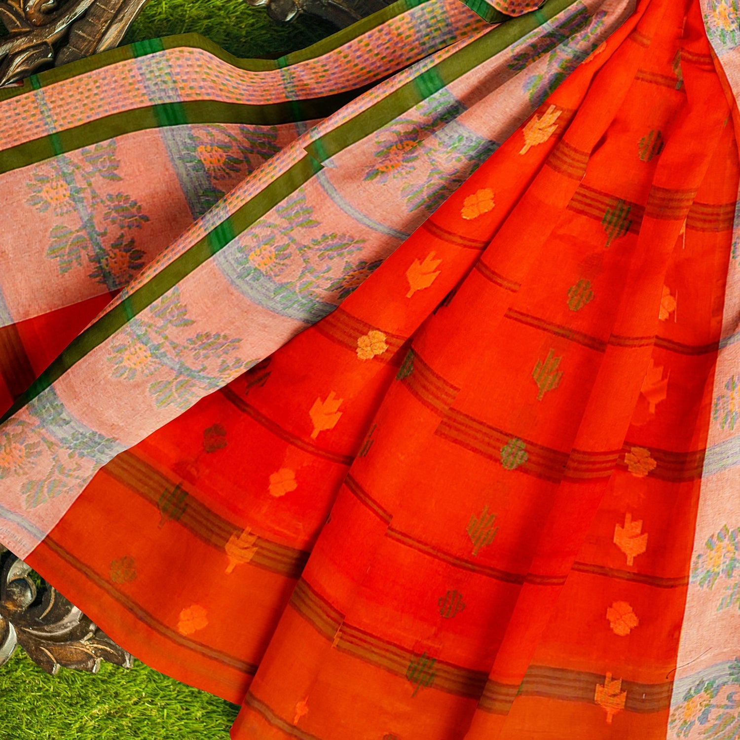 Exclusive Collection 100% Pure Cotton Tomato Red Tant Saree With Hand Weaving Work - Swadesiicart