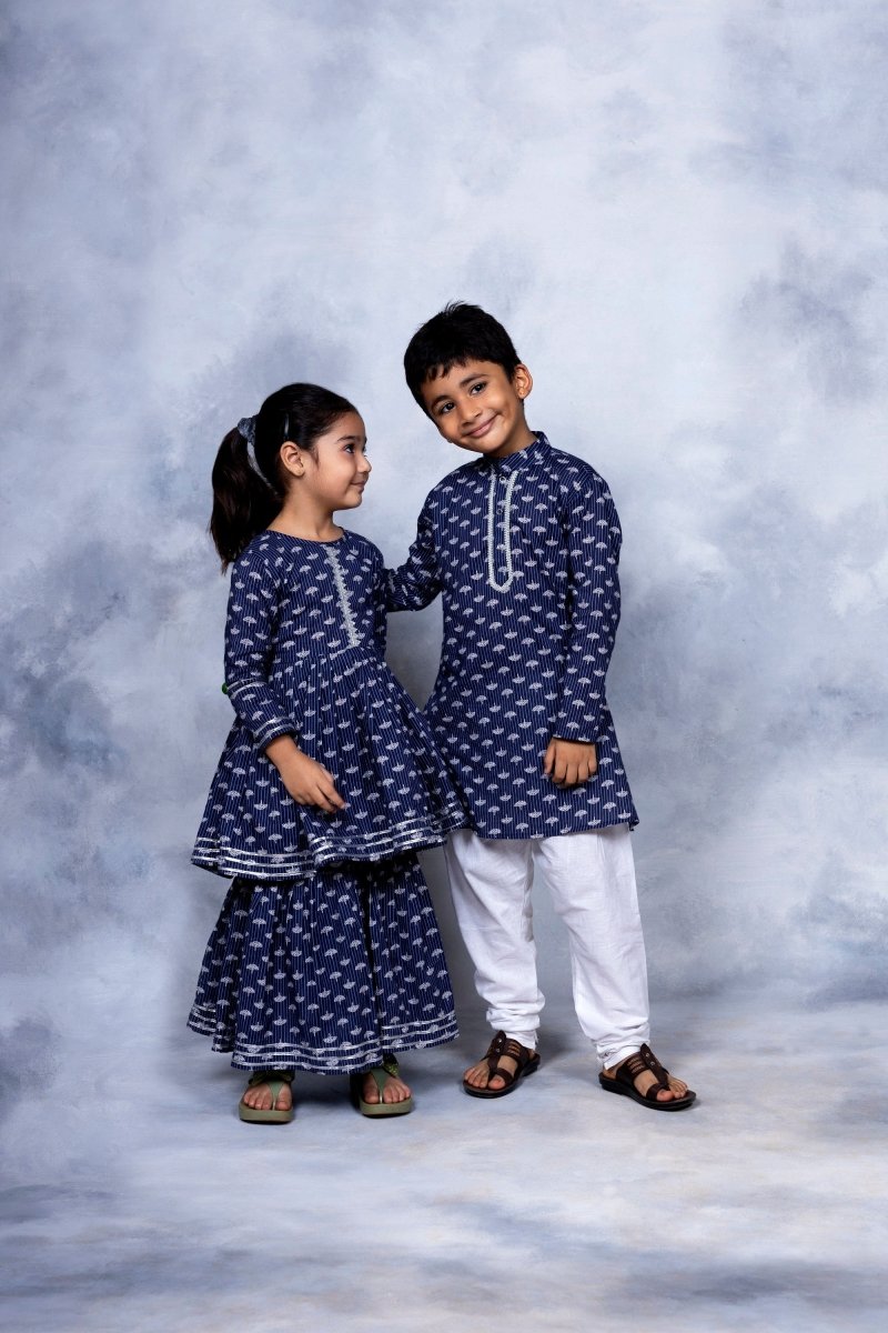 Ahalyaa Boys Navy Blue Pure Cotton Digital Print Kids Kurta Churidar Set | Swadesiicart
