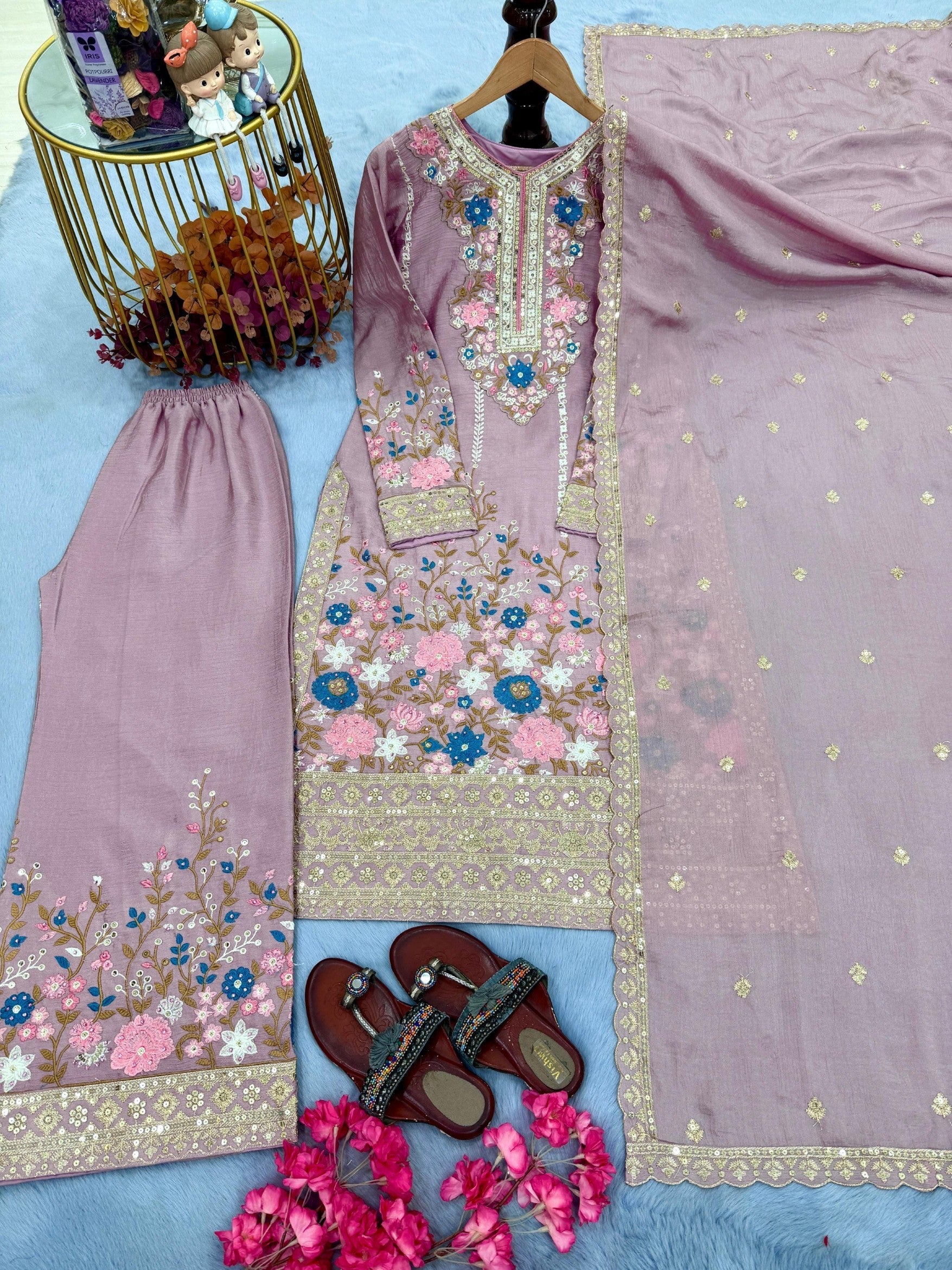 Anaita Lavender Chinon Readymade Suit with Embroidery & Diamond Work