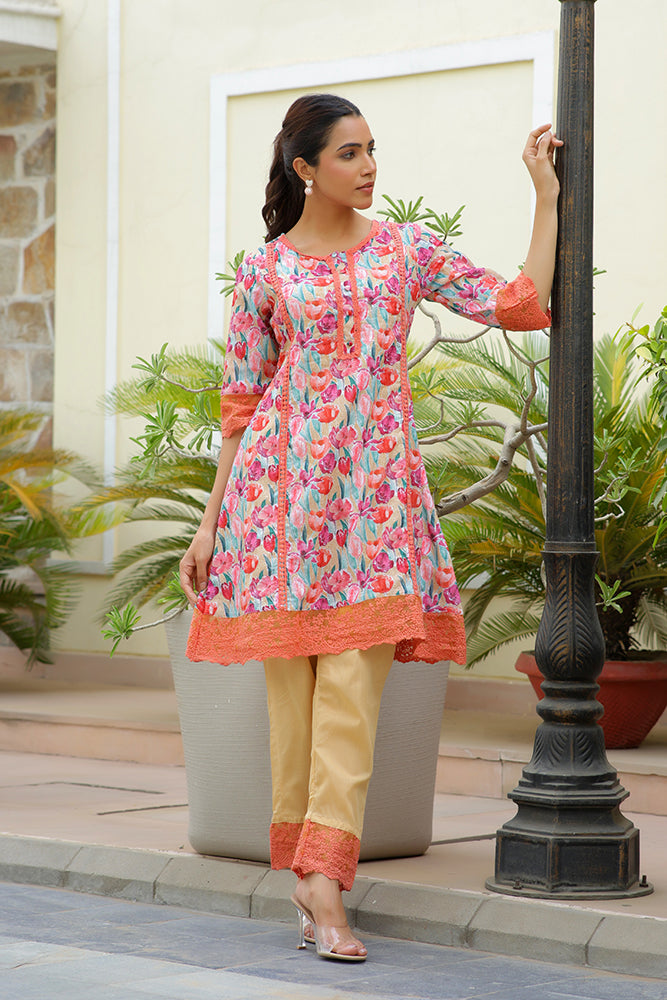 Vaasva Women Lemon Embroidered Printed Kurta Set With Laced Solid Pants | Swadesiicart