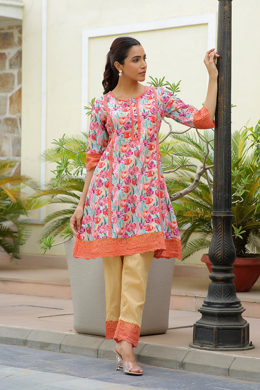 Vaasva Women Lemon Embroidered Printed Kurta Set With Laced Solid Pants | Swadesiicart