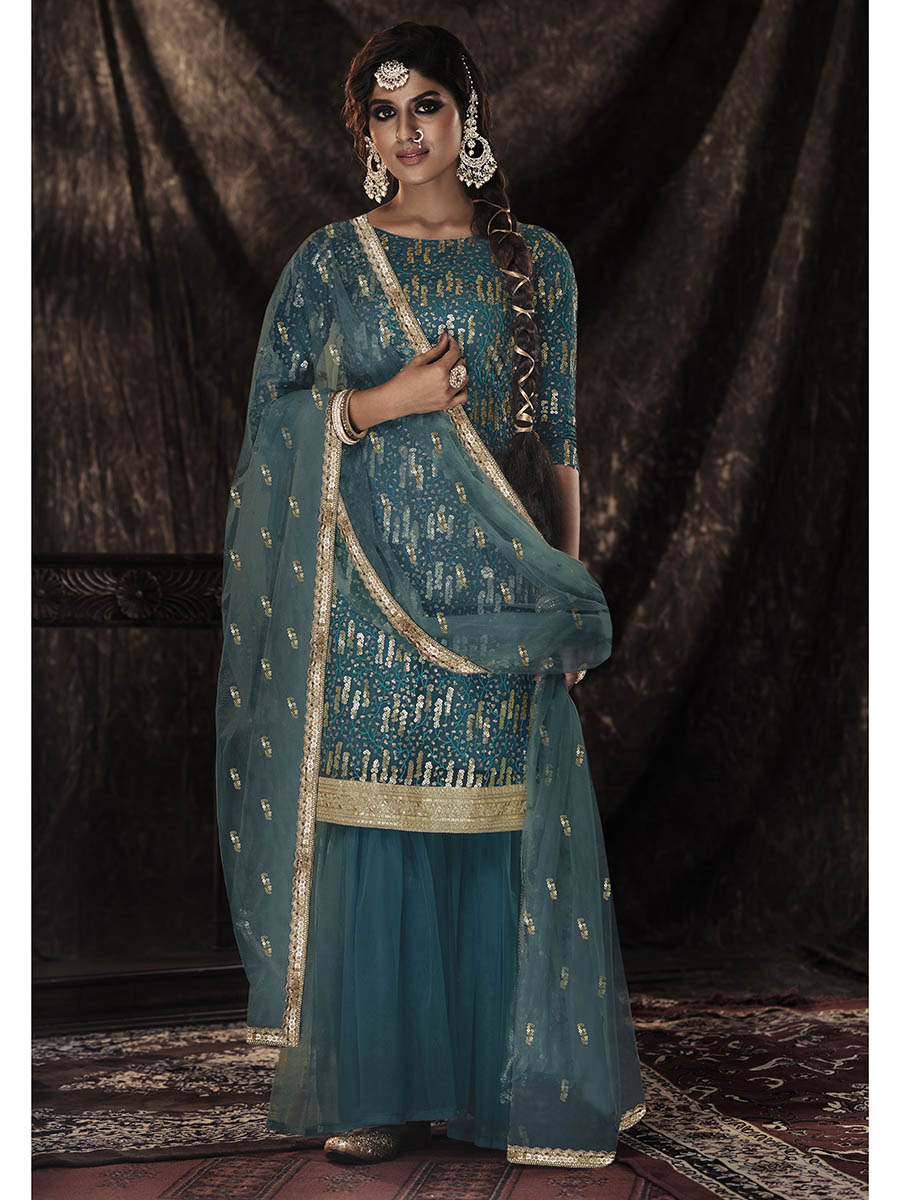 Myra Dark Firozi Net Embroidered Sharara Suit | Swadesiicart
