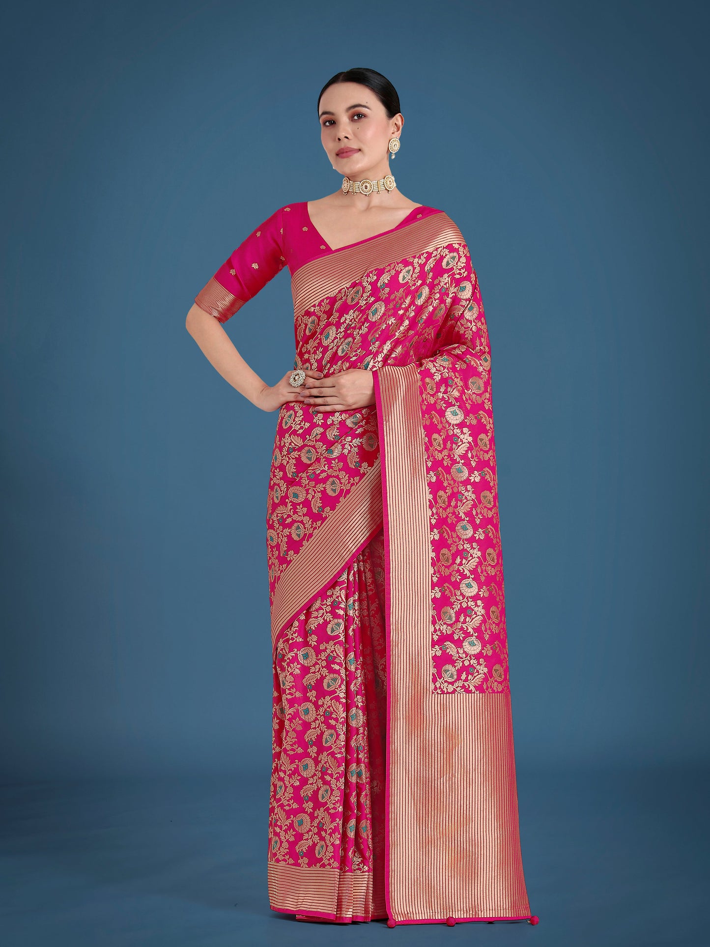 Monjolika Fashion Banarasi Silk Rani Pink Zaal Pattern Traditional Saree | Swadesiicart