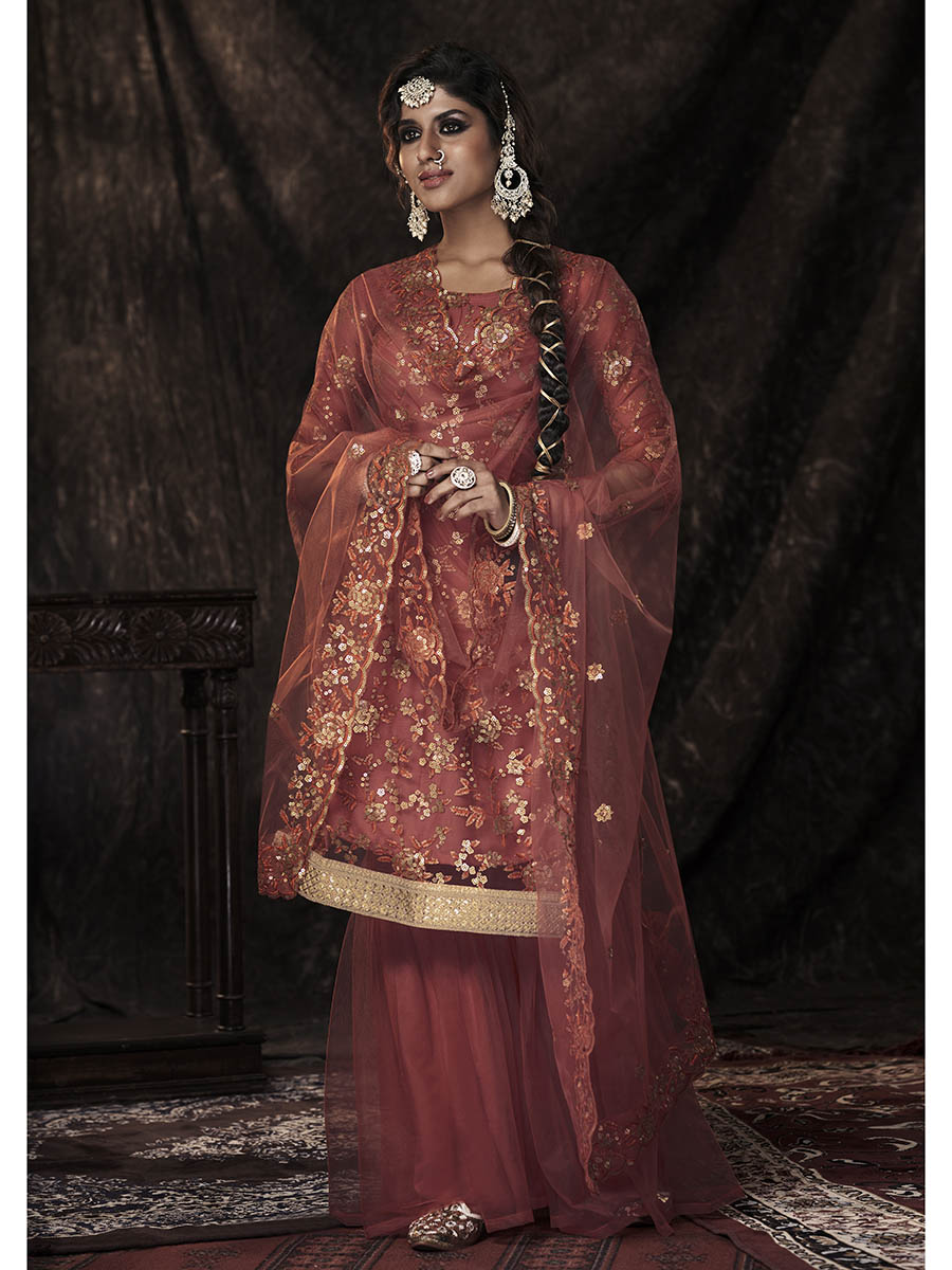 Myra Dark Orange Net Embroidered Sharara Suit | Swadesiicart