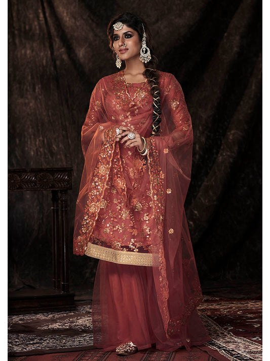 Myra Dark Orange Net Embroidered Sharara Suit | Swadesiicart