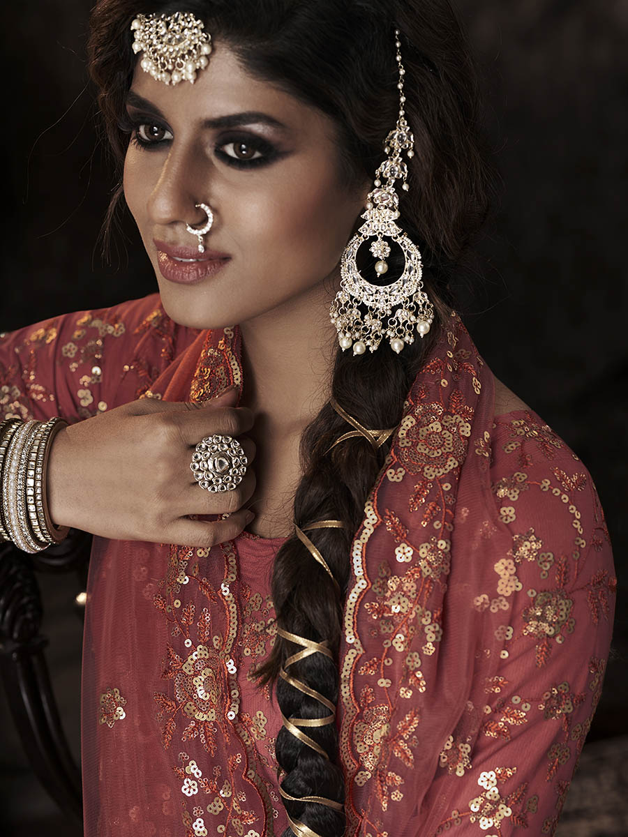 Myra Dark Orange Net Embroidered Sharara Suit | Swadesiicart