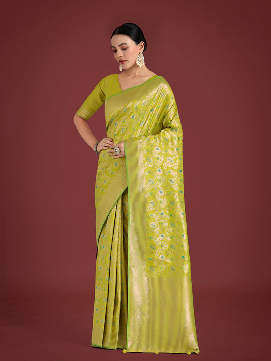 Monjolika Fashion Banarasi Silk Parrot Green Zaal Pattern Traditional Saree | Swadesiicart