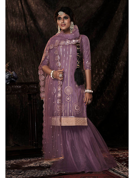 Myra Onion Net Embroidered Sharara Suit | Swadesiicart