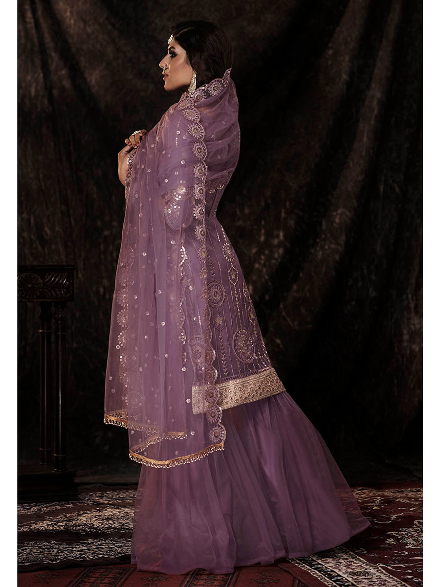 Myra Onion Net Embroidered Sharara Suit | Swadesiicart
