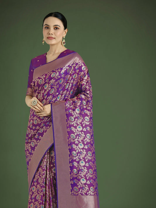 Monjolika Fashion Banarasi Silk Purple Zaal Pattern Traditional Saree | Swadesiicart