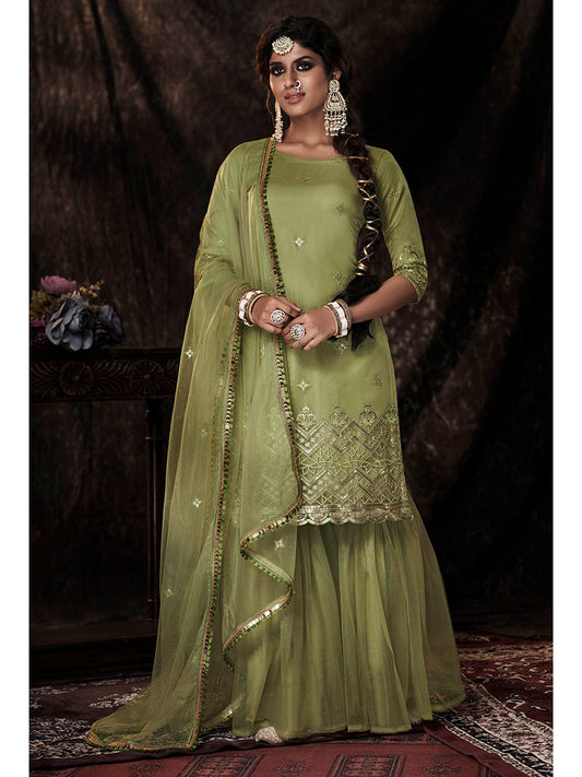 Myra Parrot Net Embroidered Sharara Suit | Swadesiicart