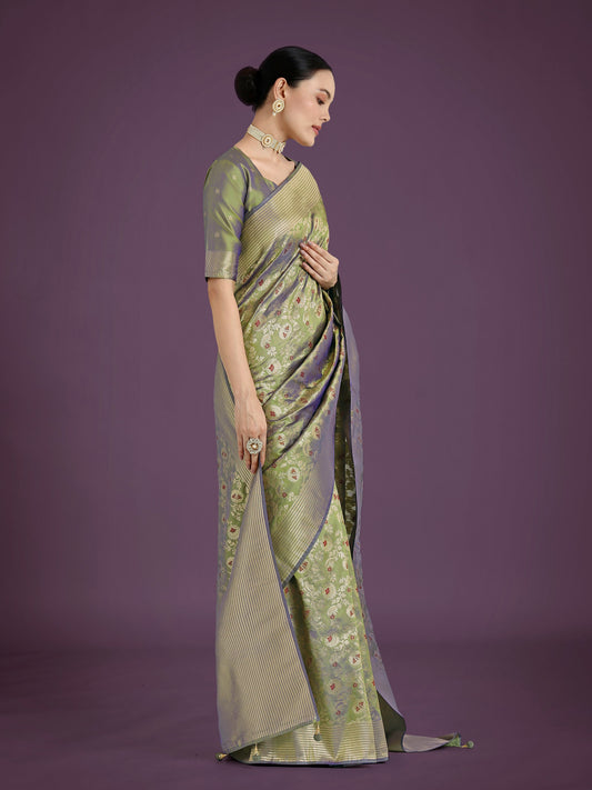 Monjolika Fashion Banarasi Silk Olive Zaal Pattern Traditional Saree | Swadesiicart