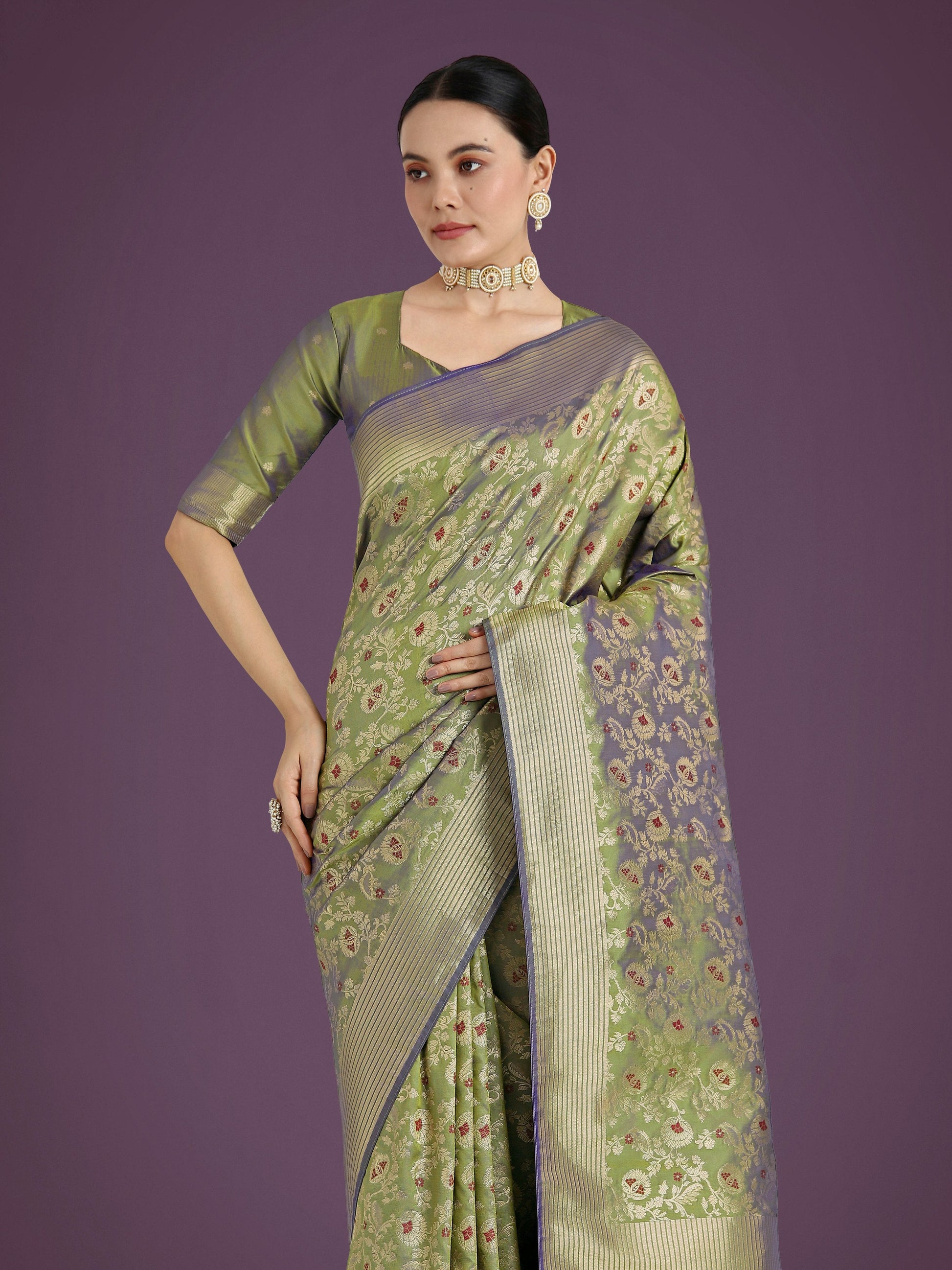 Monjolika Fashion Banarasi Silk Olive Zaal Pattern Traditional Saree | Swadesiicart