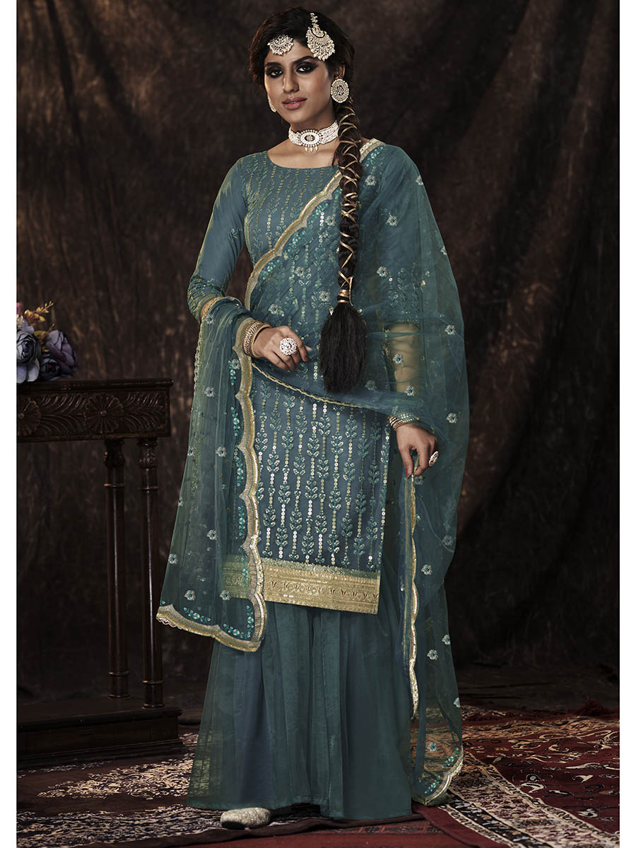 Myra Beautiful Dark Firozi Net Embroidered Sharara Suit | Swadesiicart