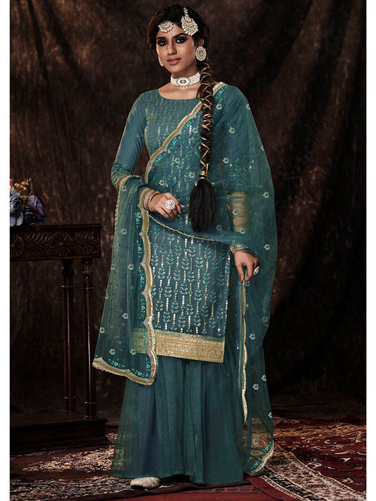 Myra Beautiful Dark Firozi Net Embroidered Sharara Suit | Swadesiicart