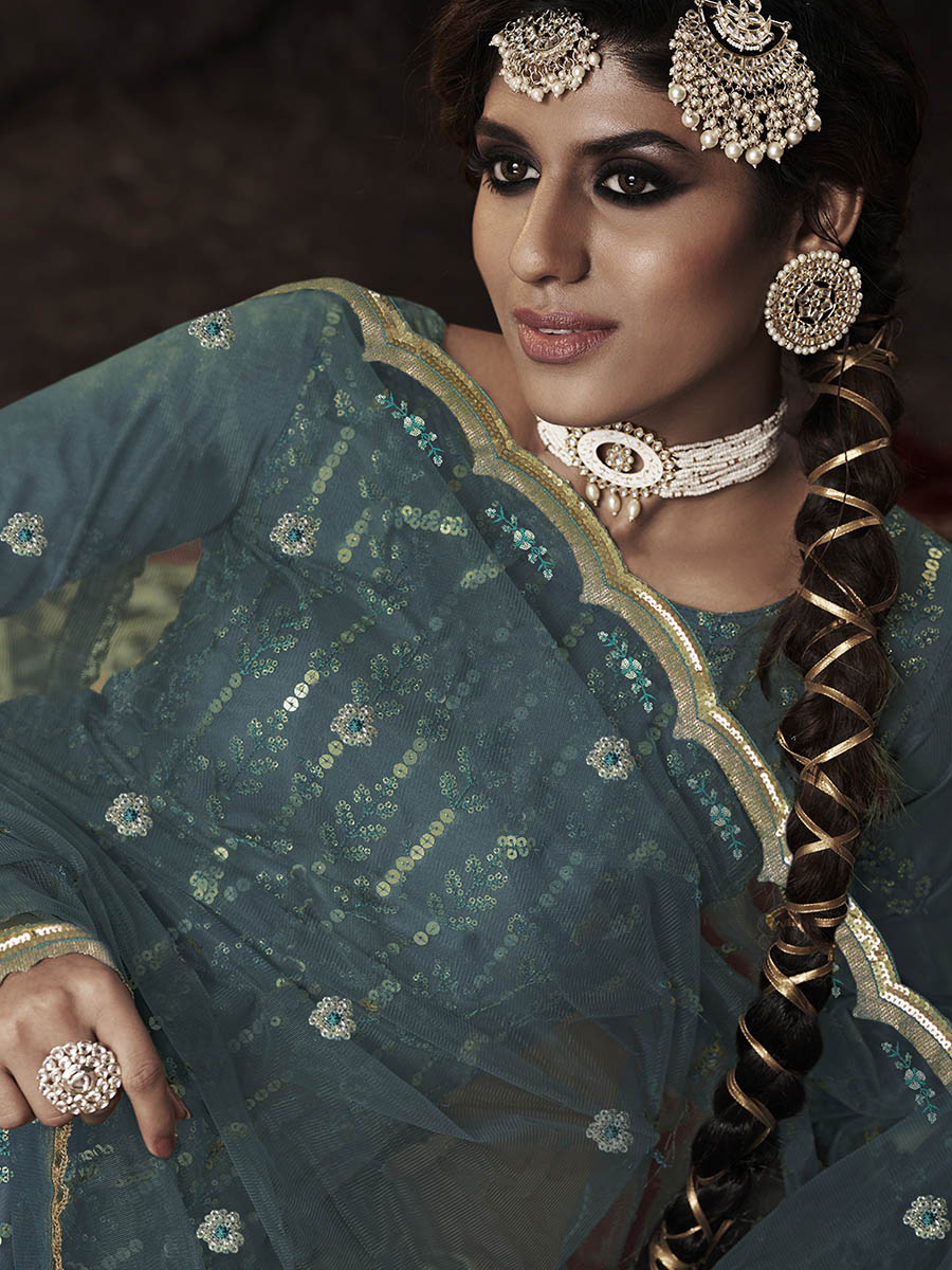 Myra Beautiful Dark Firozi Net Embroidered Sharara Suit | Swadesiicart