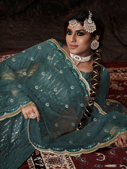 Myra Beautiful Dark Firozi Net Embroidered Sharara Suit | Swadesiicart