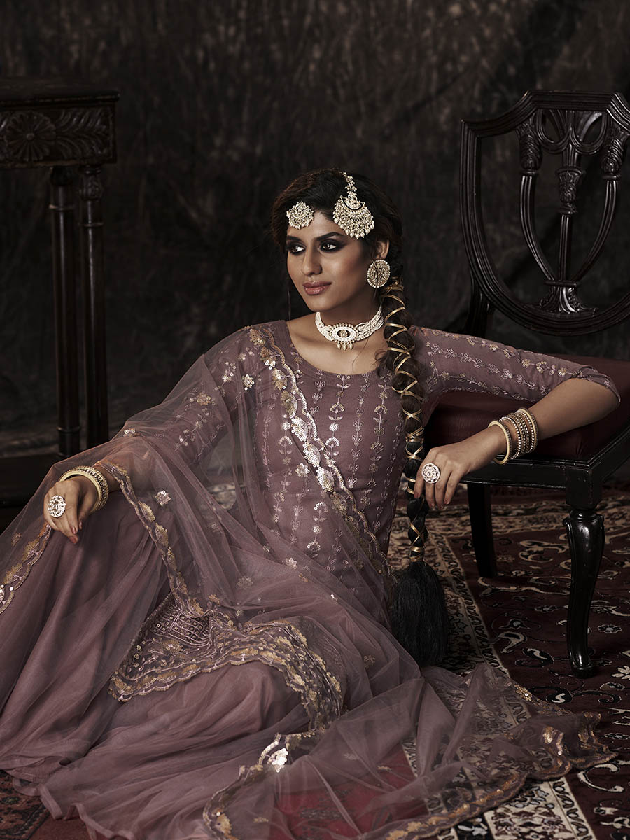 Myra Lilac Net Embroidered Sharara Suit | Swadesiicart