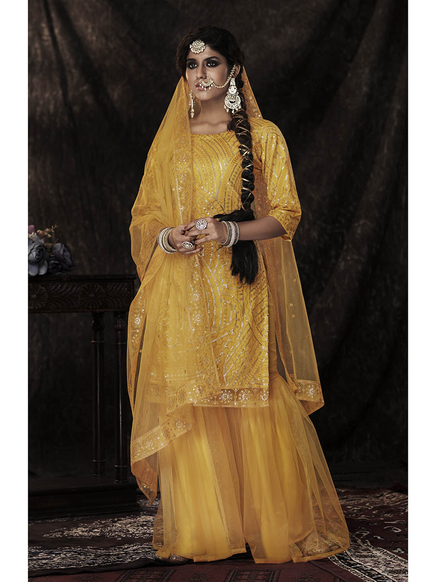 Myra Mustard Net Embroidered Sharara Suit | Swadesiicart